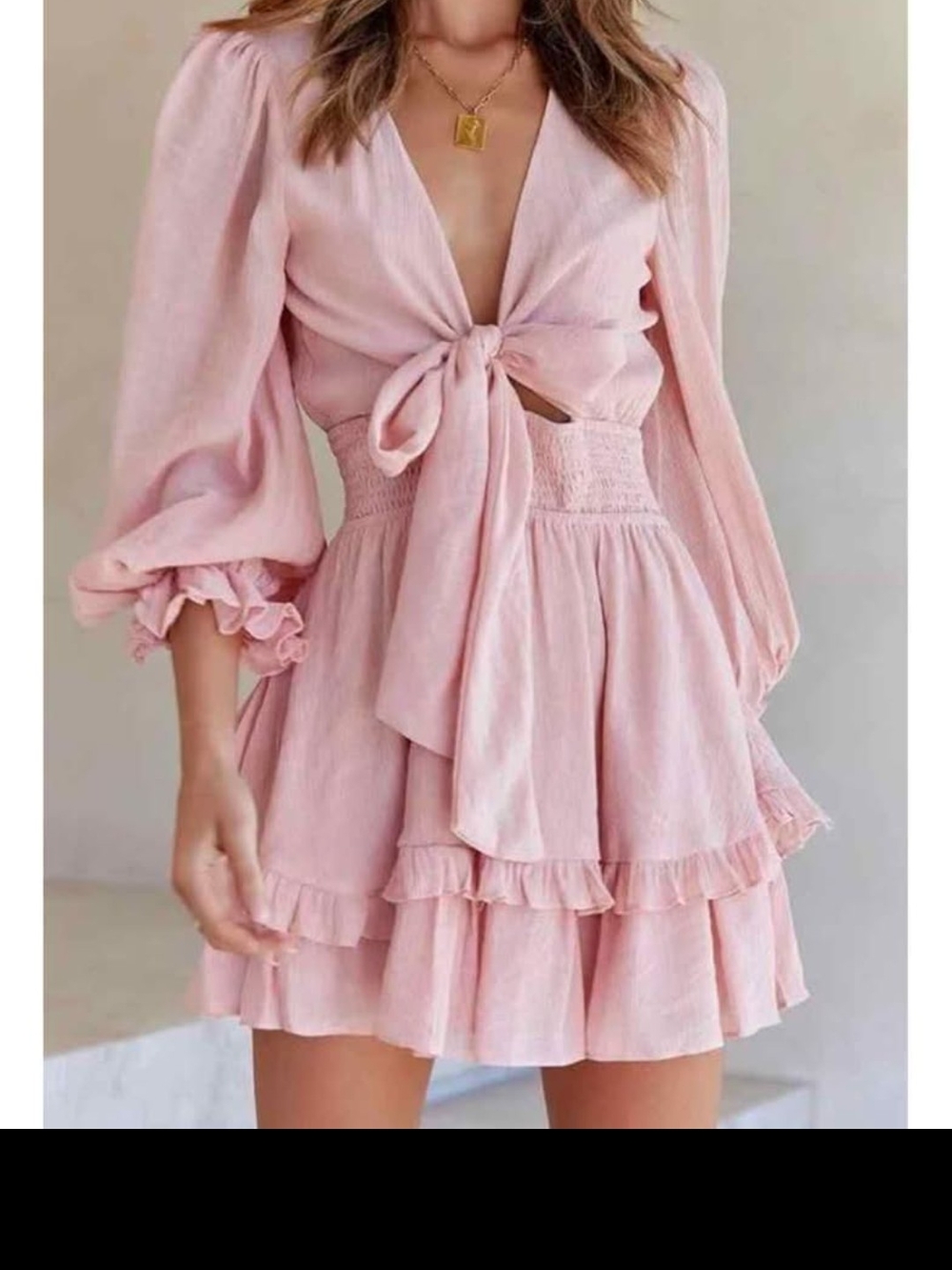 Smocked Waist Pink Tie-Front Ruffle Mini Dress - Picture 3 of 3